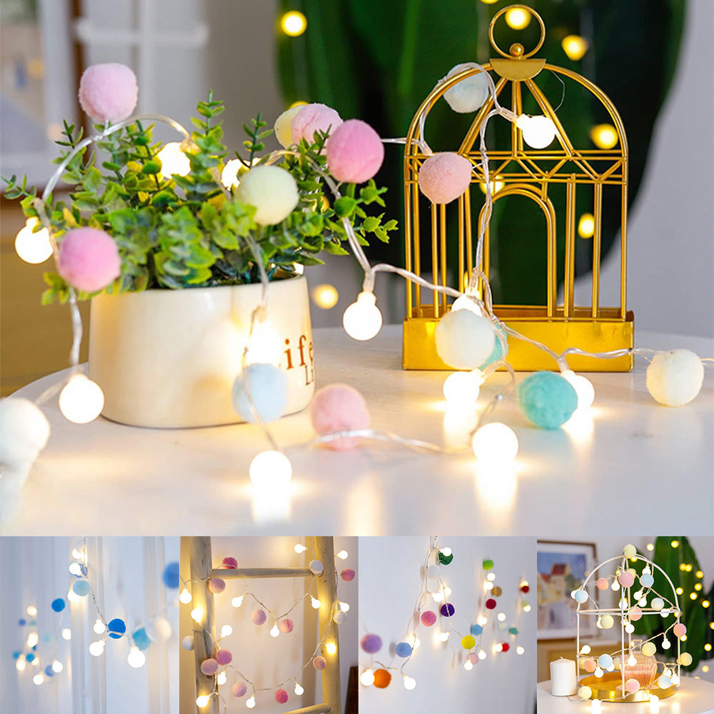 20LED Christmas Fairy Pompoms Balls String Lights Battery Powered Colorful Globe Garland Lights Garden Wedding Party Decoration