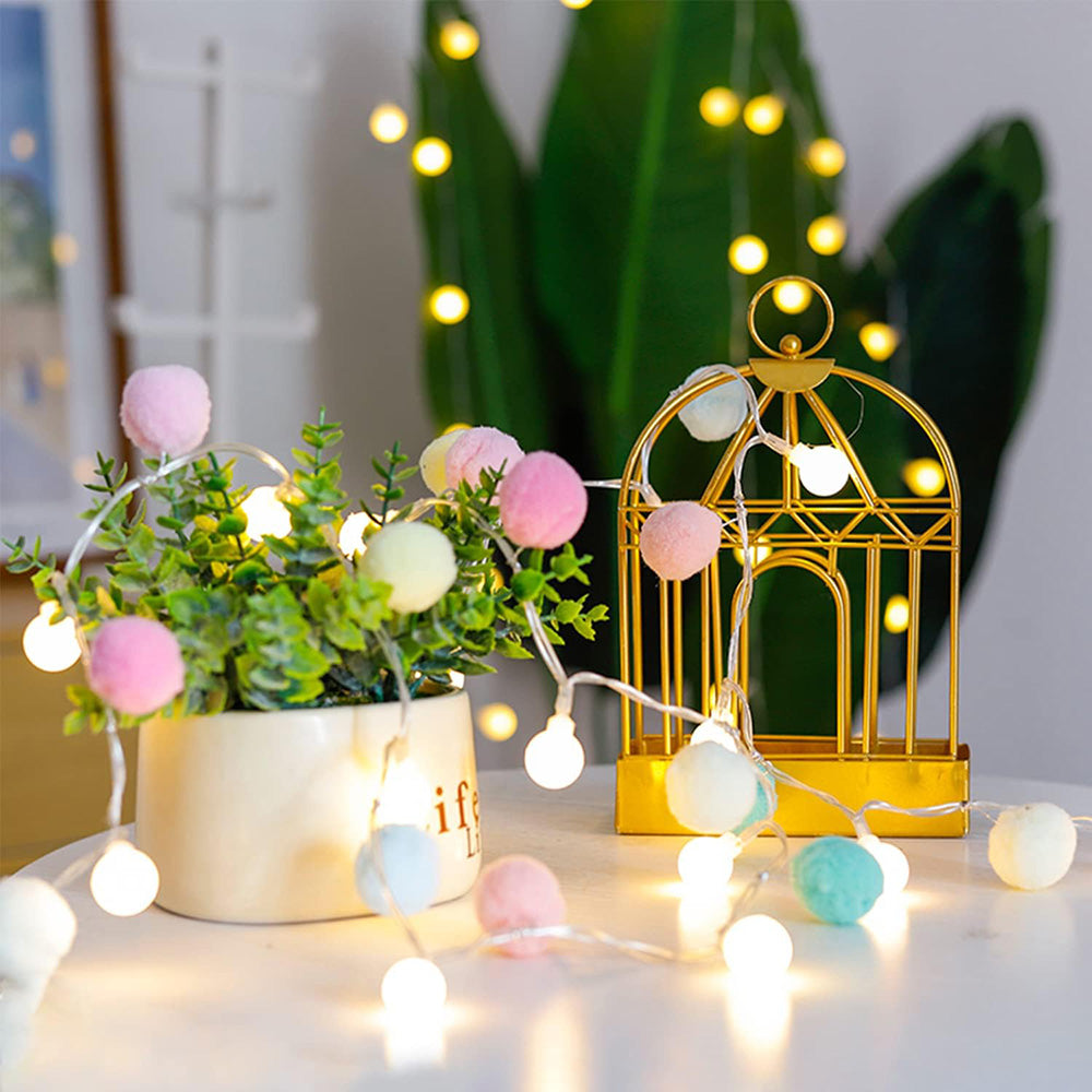 20LED Christmas Fairy Pompoms Balls String Lights Battery Powered Colorful Globe Garland Lights Garden Wedding Party Decoration