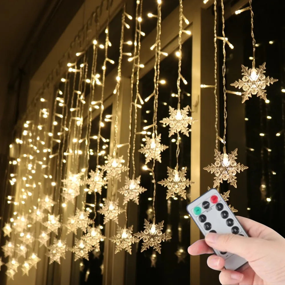 Battery/USB Operated Christmas Snowflake Curtain 8 Modes And Timer Function Light Home Party Decoration Fairy Lights