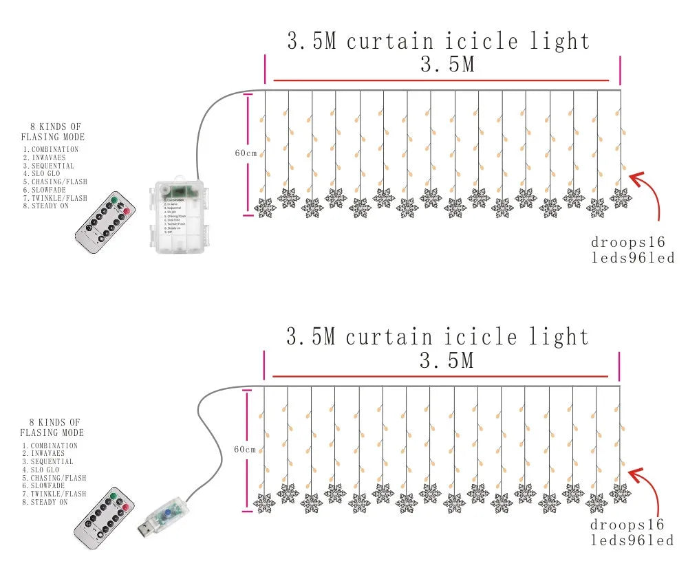 Battery/USB Operated Christmas Snowflake Curtain 8 Modes And Timer Function Light Home Party Decoration Fairy Lights