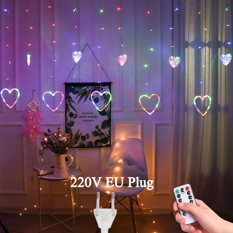 Garland Curtain EU/US Led Heart Shaped Christmas Ramadan Decoration Fairy String Lights for Party Home Wedding New Year Decor