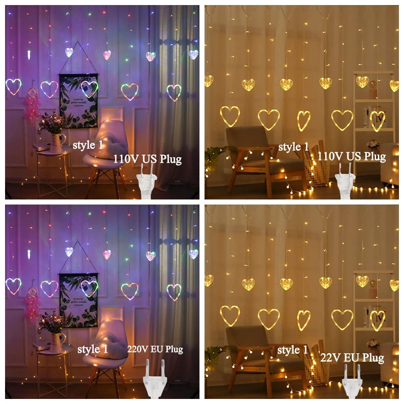 Garland Curtain EU/US Led Heart Shaped Christmas Ramadan Decoration Fairy String Lights for Party Home Wedding New Year Decor