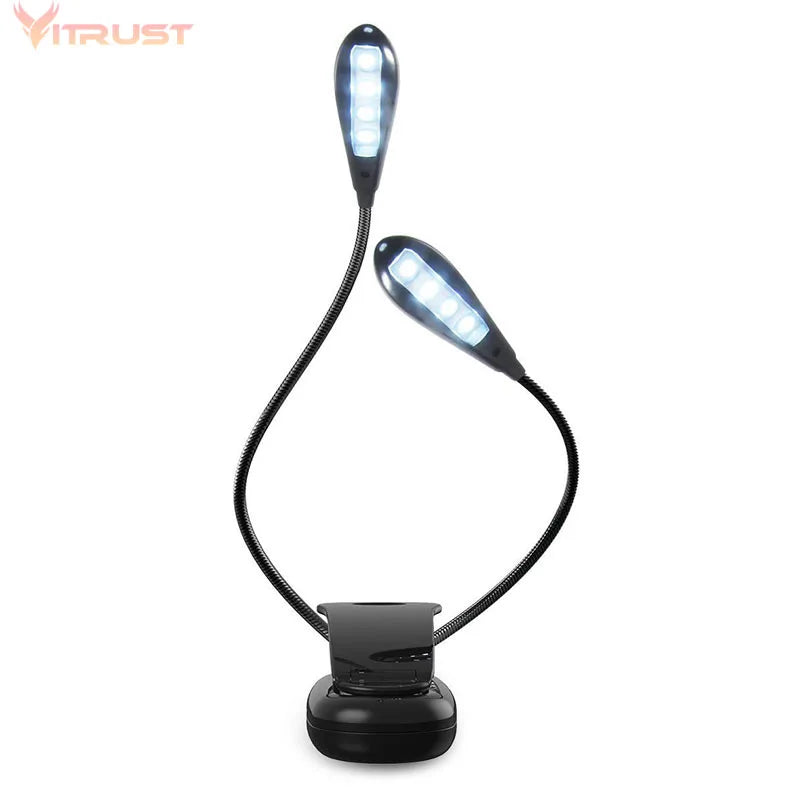 Dual Flexible Double Flex Goosenecks 4 LEDs Book Lights 8 LED Book Reading Clip-on Arm Table Lamp Study Desk Light AAA Battery