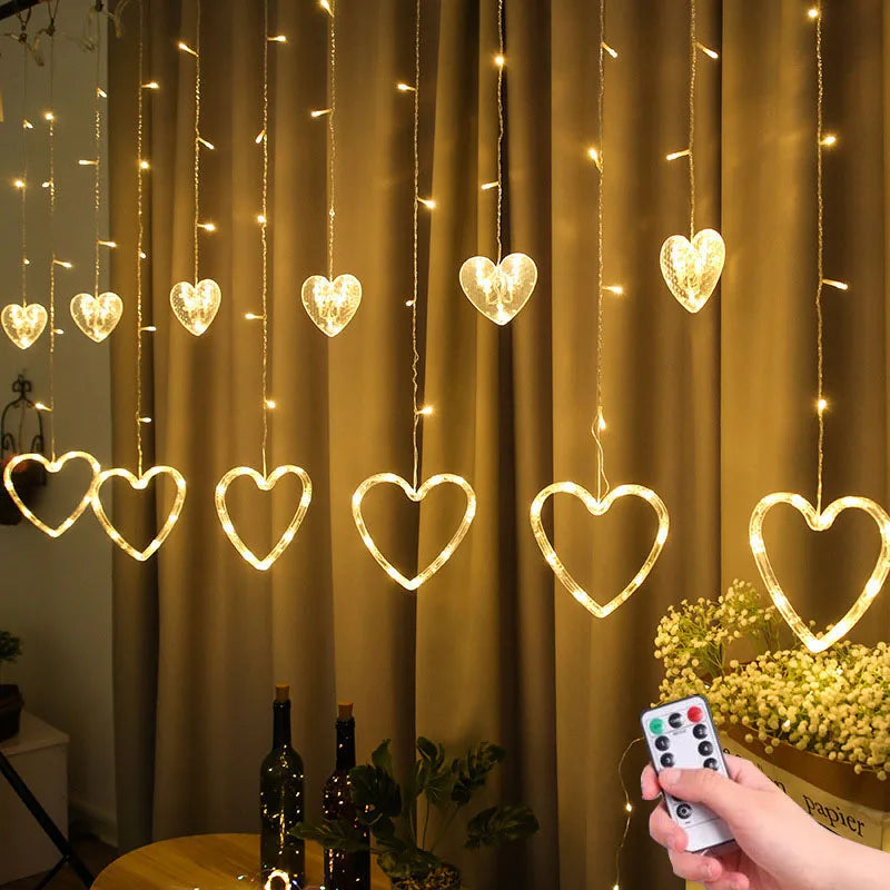 Garland Curtain EU/US Led Heart Shaped Christmas Ramadan Decoration Fairy String Lights for Party Home Wedding New Year Decor