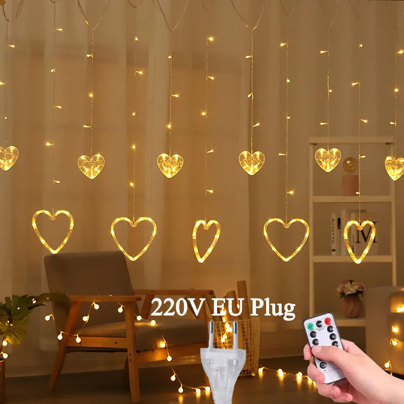 Garland Curtain EU/US Led Heart Shaped Christmas Ramadan Decoration Fairy String Lights for Party Home Wedding New Year Decor