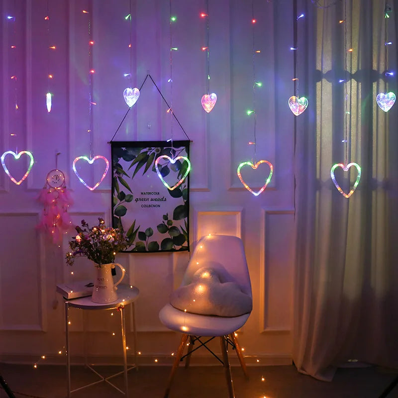 Garland Curtain EU/US Led Heart Shaped Christmas Ramadan Decoration Fairy String Lights for Party Home Wedding New Year Decor