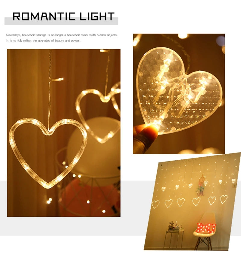 Garland Curtain EU/US Led Heart Shaped Christmas Ramadan Decoration Fairy String Lights for Party Home Wedding New Year Decor