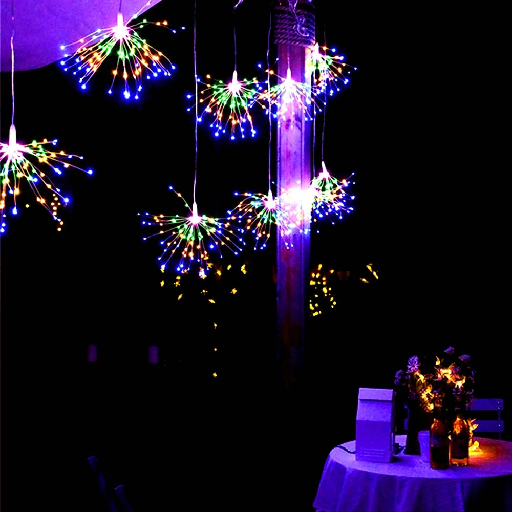 150/200 LED String Fairy Lights Hanging Starburst Lamp DIY Firework Christmas Garland Festival Decoration Remote Twinkle Lights