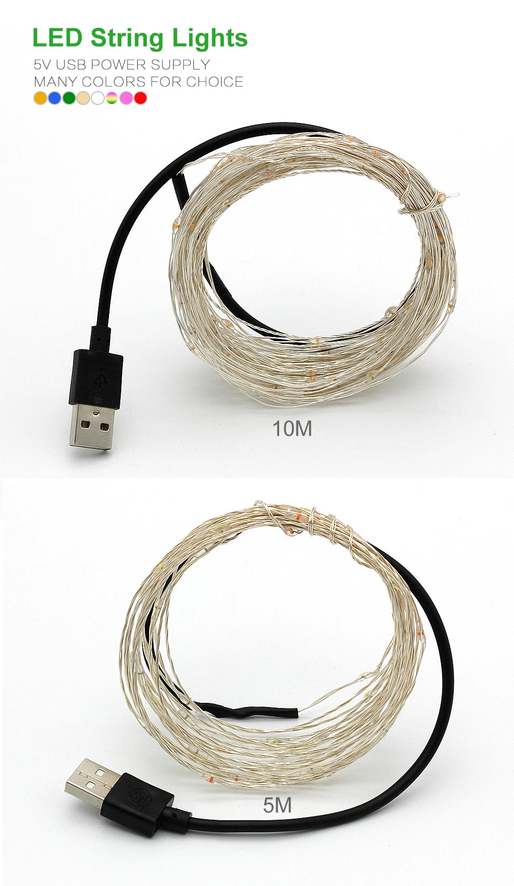 1pcs 5M 10M USB LED String lights 50/100leds Silver Wire Fairy Garland For New Year Wedding Christmas Holiday Home Decoration