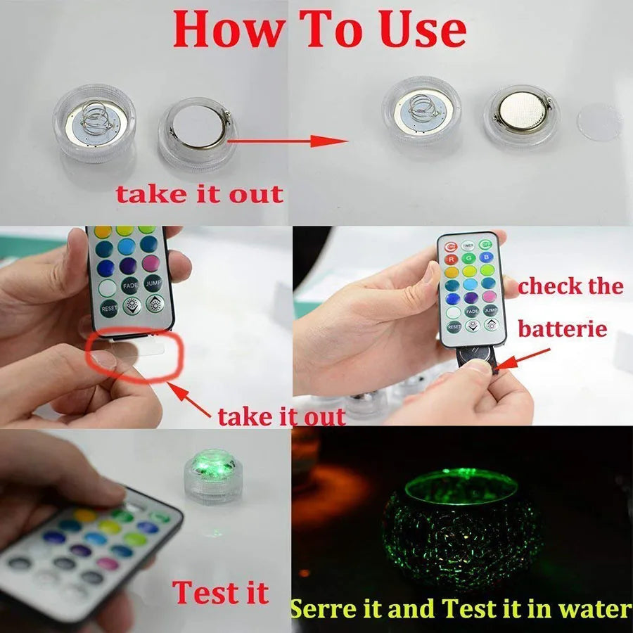 Waterproof Submersible LED Lights, Battery Operated, Multicolors, Mini Tea Candles Lamp with Remote, Ramadan Decoration, 4Pcs