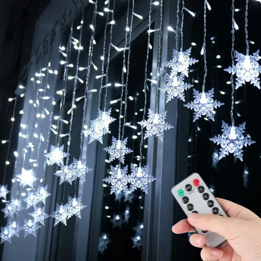 Battery/USB Operated Christmas Snowflake Curtain 8 Modes And Timer Function Light Home Party Decoration Fairy Lights