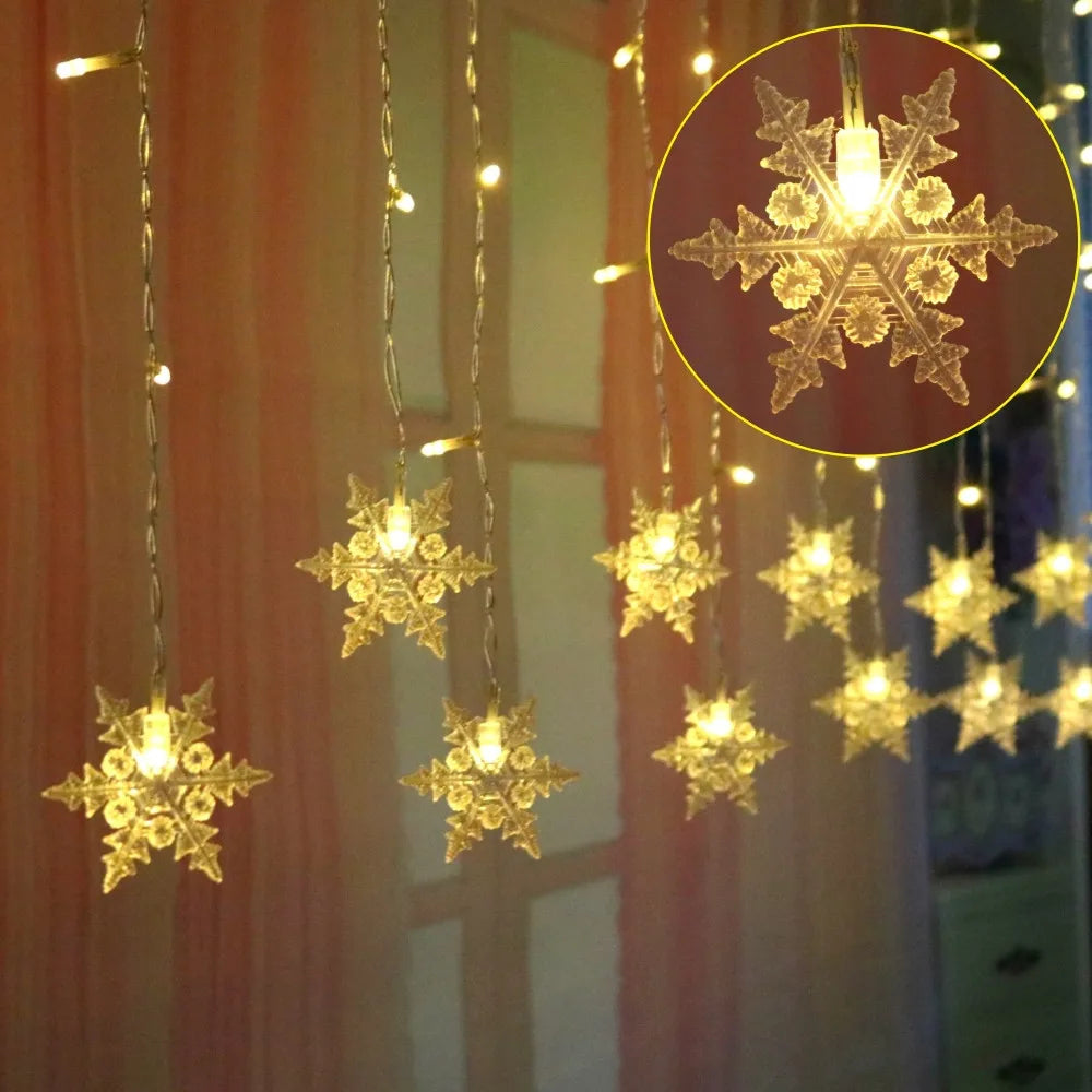 Battery/USB Operated Christmas Snowflake Curtain 8 Modes And Timer Function Light Home Party Decoration Fairy Lights