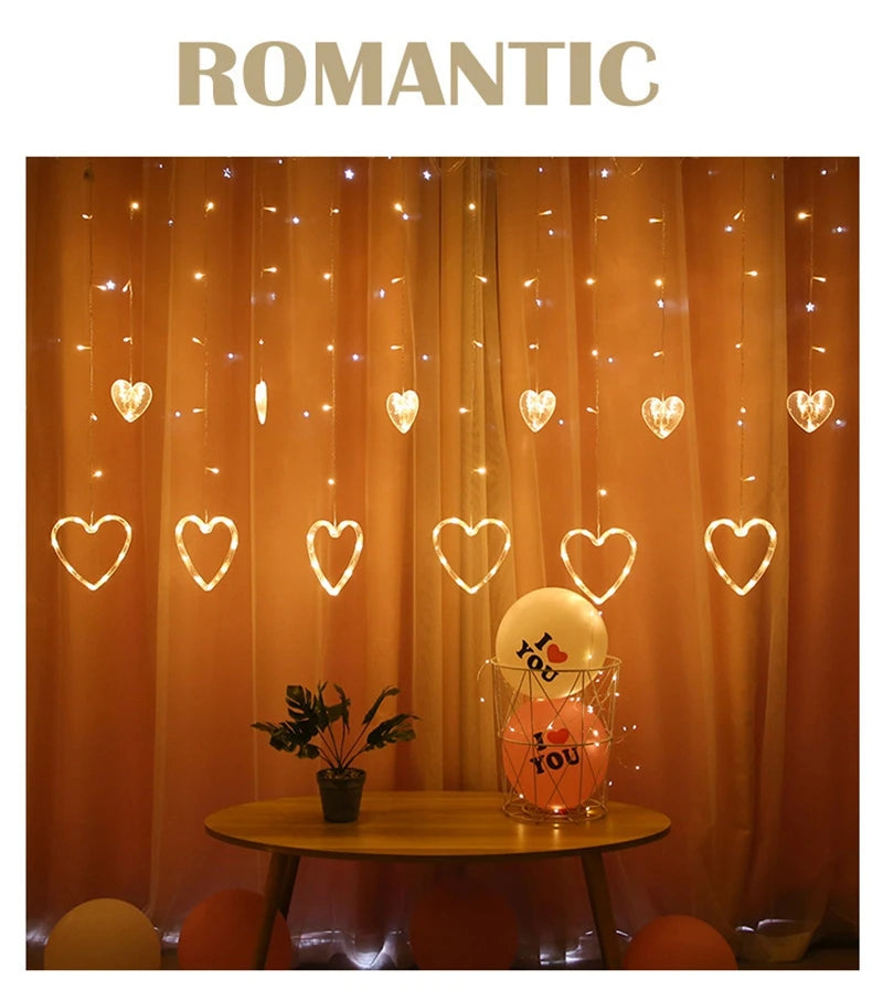 Garland Curtain EU/US Led Heart Shaped Christmas Ramadan Decoration Fairy String Lights for Party Home Wedding New Year Decor