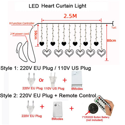 Garland Curtain EU/US Led Heart Shaped Christmas Ramadan Decoration Fairy String Lights for Party Home Wedding New Year Decor