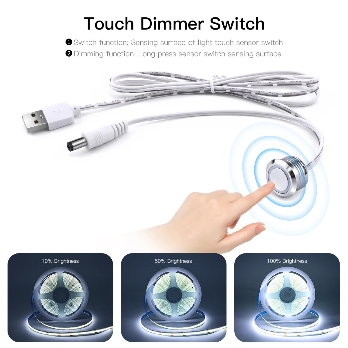 Touch Sensor Switch LED Strip Light 5V USB Powered Hidden Recessed Touch Switch LED Ribbon Bedroom Closet Cabinet Wardrobe Lamp