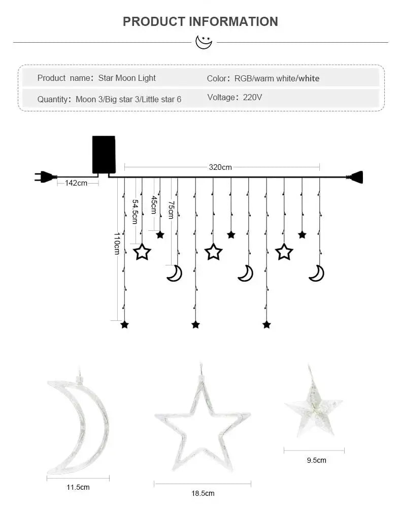 3.5M Romantic Moon Star LED Curtain String Christmas Garland Fairy Light Outdoor Garden Wedding Christmas Holiday Home Decor