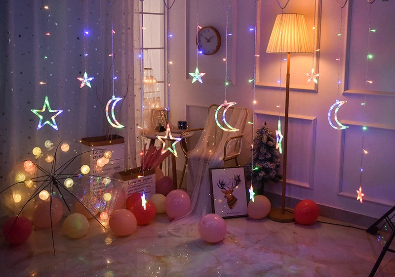 Ramadan Decoration 2025 Star Moon Curtain Garland String Light Aid EID Mubarak for Home Arabic Islam Muslim Event Party Supplies