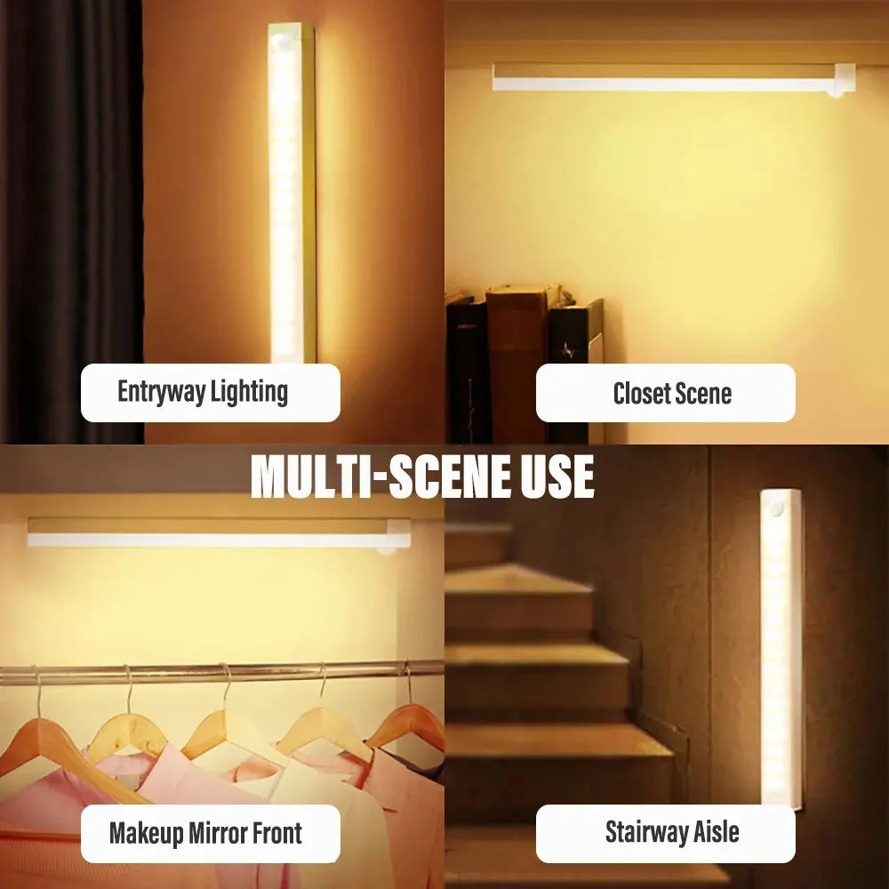 Rechargeable LED Motion Sensor Night Light Under Cabinet Cordless Lamp for Kitchen Wardrobe Bedside Induction Strip Bar Light