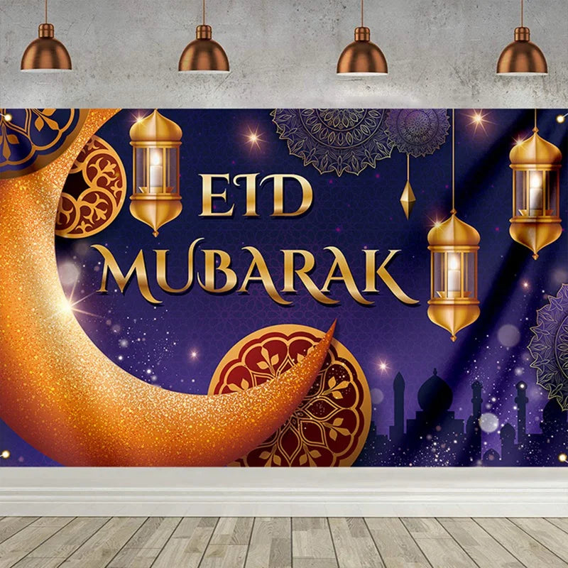 Ramadan Festival Decor Hanging Flag Moon Row Of Lights Holiday Party 180X110cm ,B 1Set