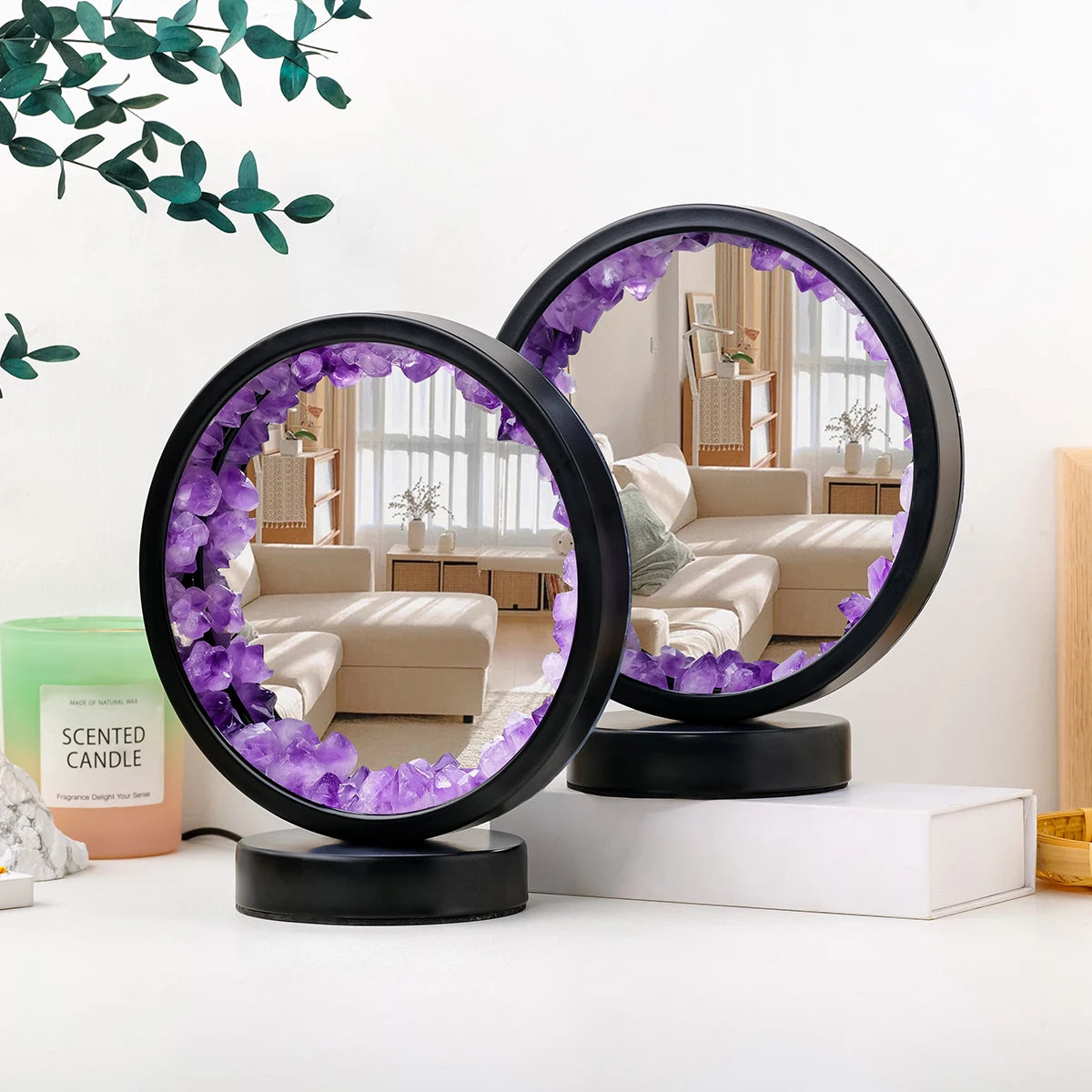 Natural Crystal Circular Mirror Night  Lamp