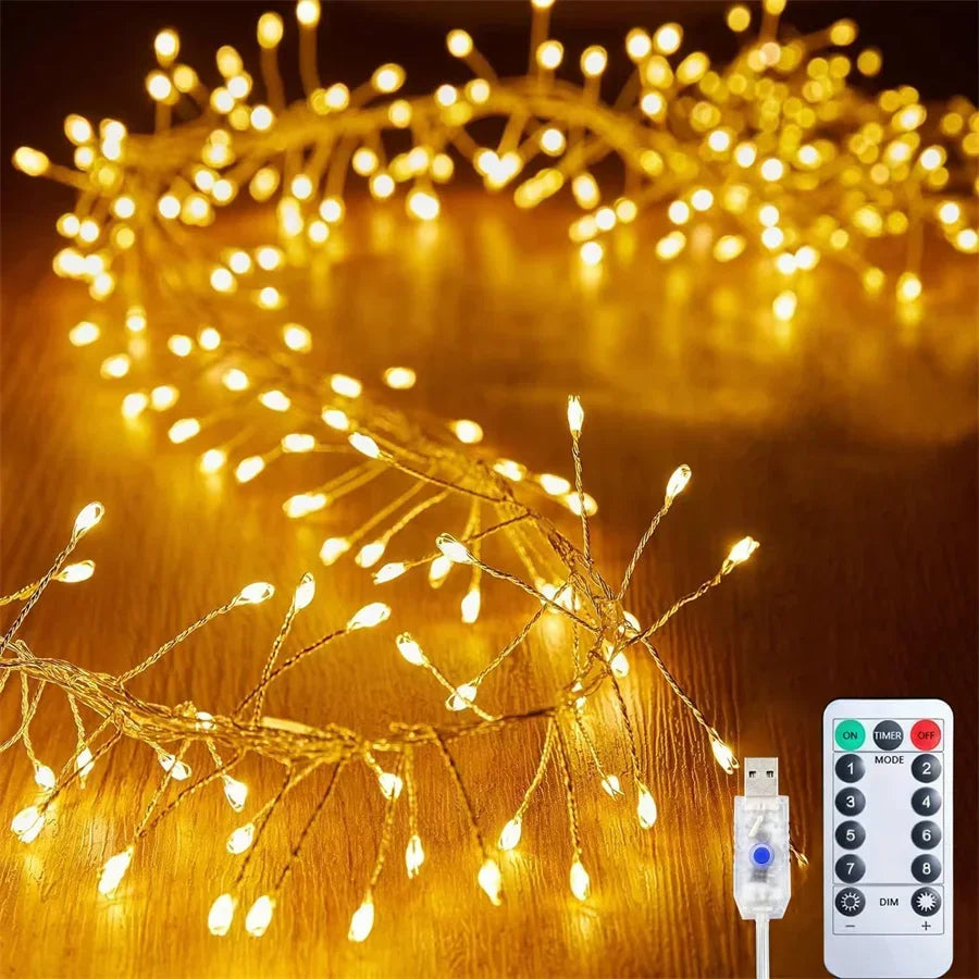 200/400 LED USB Firecracker Fairy Light Outdoor Firecracker Cluster Twinkle String Light with Remote for Wreath DIY Party Decor