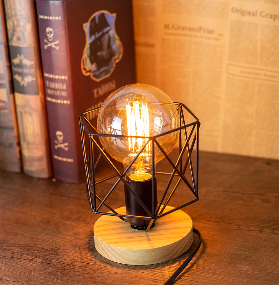 Retro Iron Art Wood Plate Vintage Bedside Table Lamp 220V 110V EU E27 Lampshade Socket Vintage Desk Lamp Base Holder For Bedroom