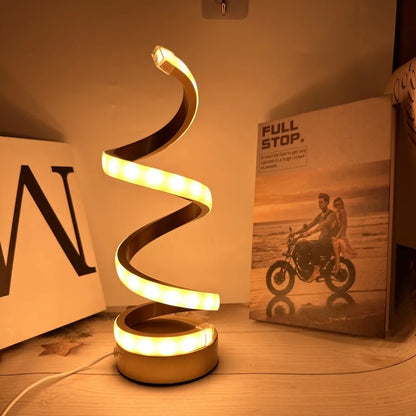 Modern LED table light with USB - adjustable brightness, warm white light, spiral design, suitable for bedroom, living room, off