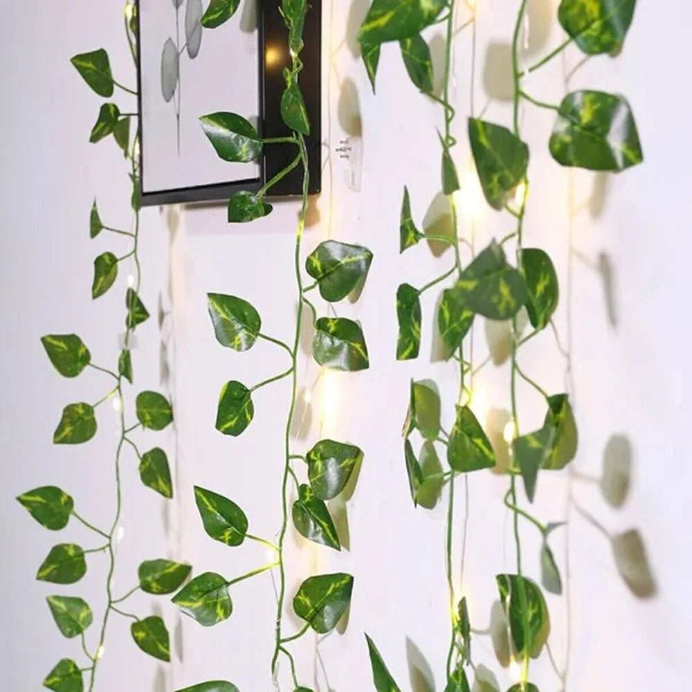 Green Leaf Garland String Lights Artificial Vine Fairy Lights Battery Operated Hanging Curtain Lights for Wedding Party Decor