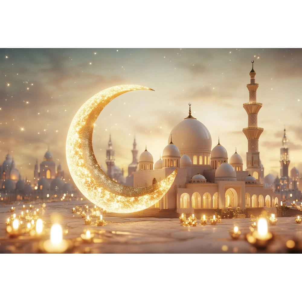 Eid Mubarak Backdrop Islamic Mosque Ramadan Aladdin Moroccan Golden Moon Lantern 2025Muslim Kareem Al Fitr Festival Photo Banner