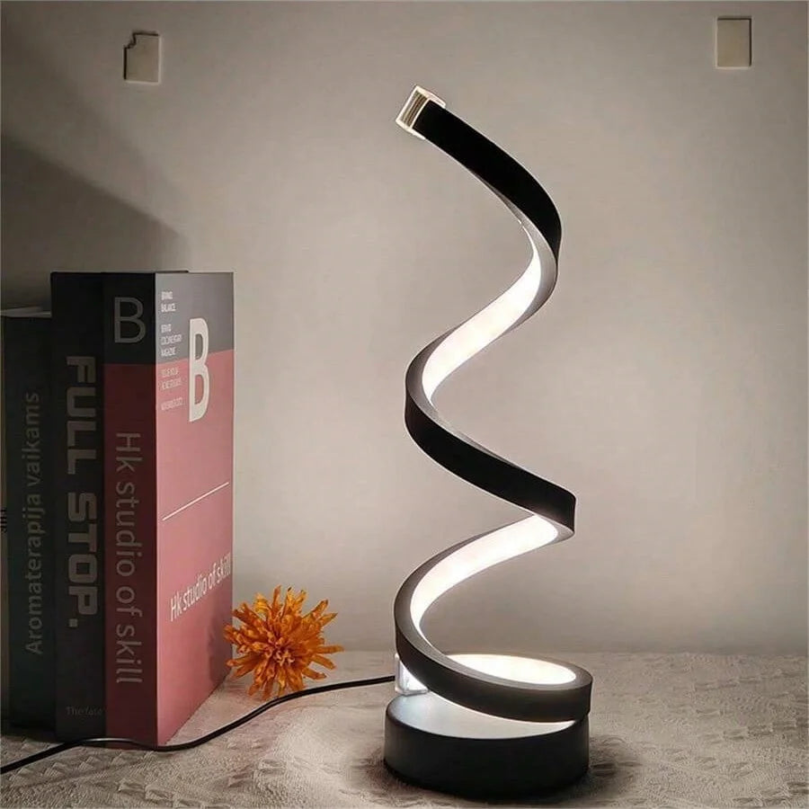 Modern LED table light with USB - adjustable brightness, warm white light, spiral design, suitable for bedroom, living room, off