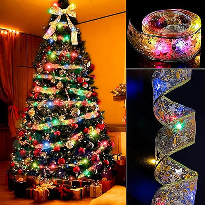 Christmas Tree Ribbon String Lights Battery Powered Ribbon Bows Lights For Gift Wrapping Indoor Christmas Decorations Lights