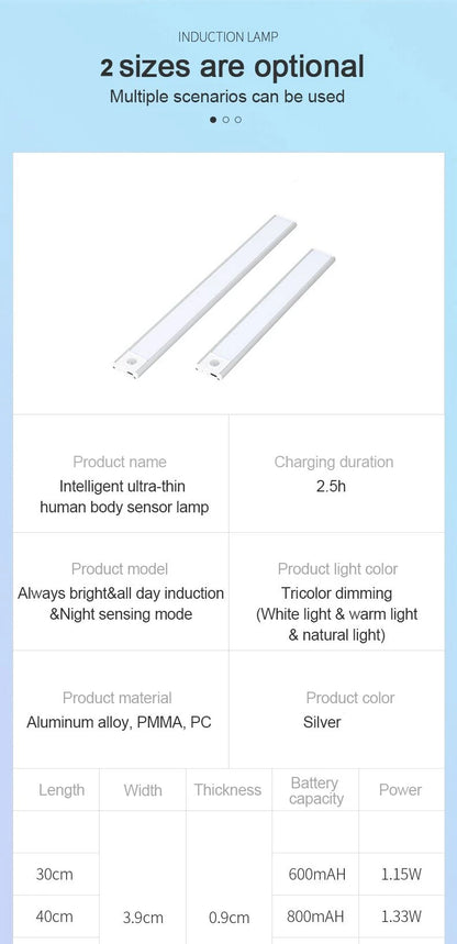 Cabinet Light USB Rechargeable Motion Sensor Led Three Colors In One Lamp For Kitchen Wardrobe Indoor Lighting 10/20/30/40/50cm