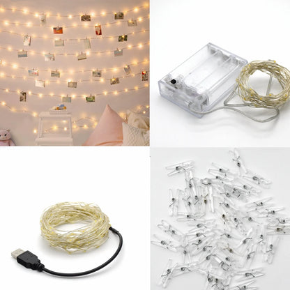 LED Fairy Lights Photo Clip String Lights, USB/AA Battery Powered String Lights, Bedroom, Christmas, Party, Wedding, Decoration