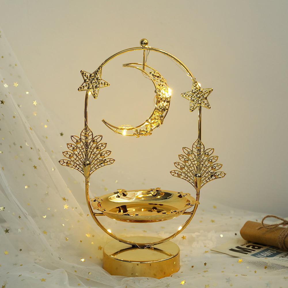 EID Ramadan Metal Gold Candle Holder Tray With Lights Eid Mubarak Muslim Islam Festival Aromatherapy Stove for Home Ornament