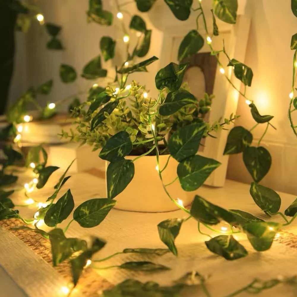 Green Leaf Garland String Lights Artificial Vine Fairy Lights Battery Operated Hanging Curtain Lights for Wedding Party Decor