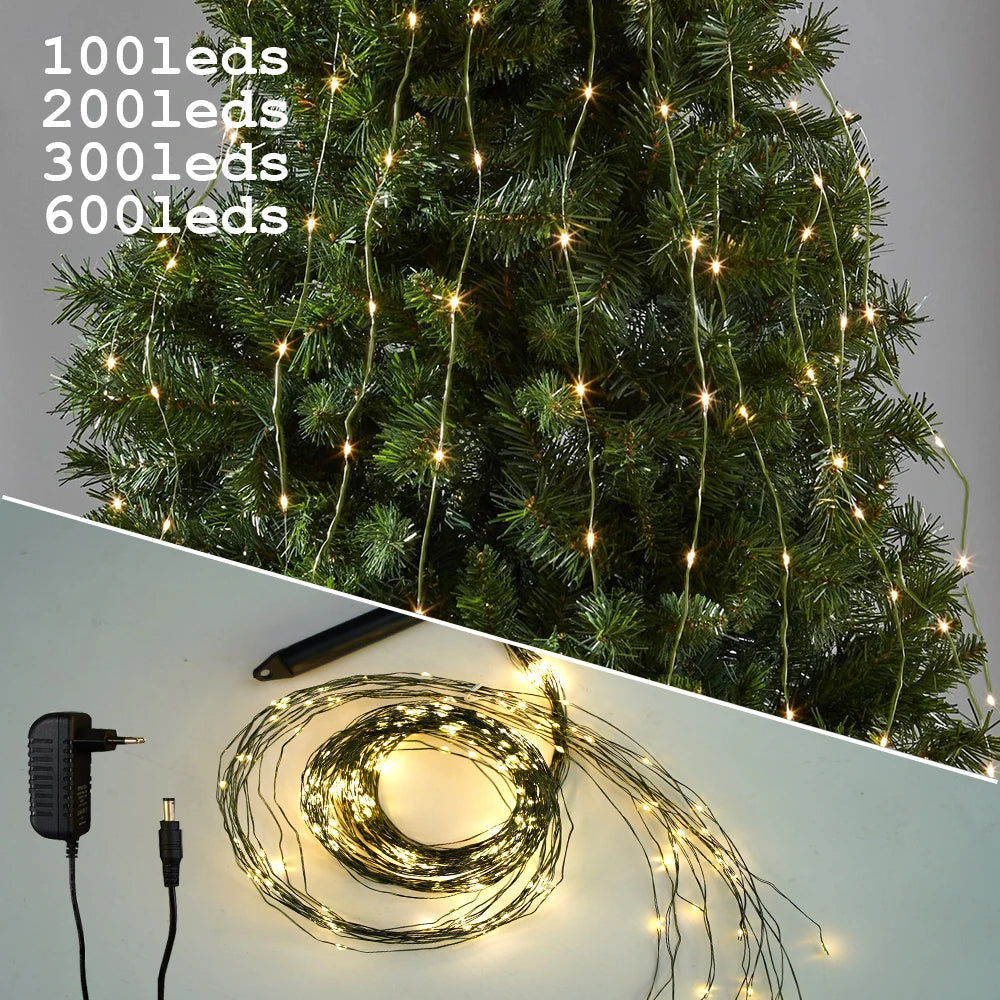 Christmas Green Wire Branch Lights Plug Outdoor LED Waterfall Garland String Fairy Lights Decoration For Holiday Lighting Party