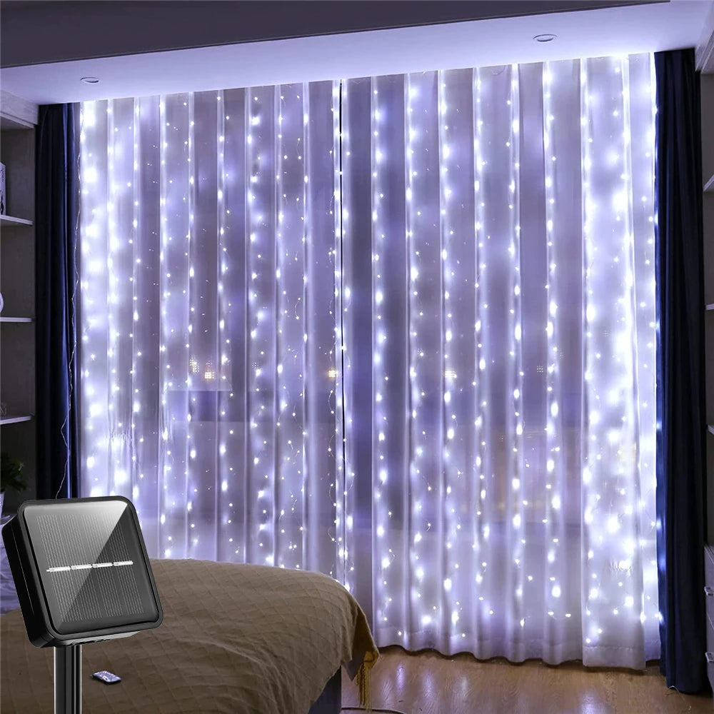 Solar Curtain Lights LED Solar Outdoor Waterproof Fairy lights With 8 Modes For Bedroom Window Patio Wedding Holiday Decorative