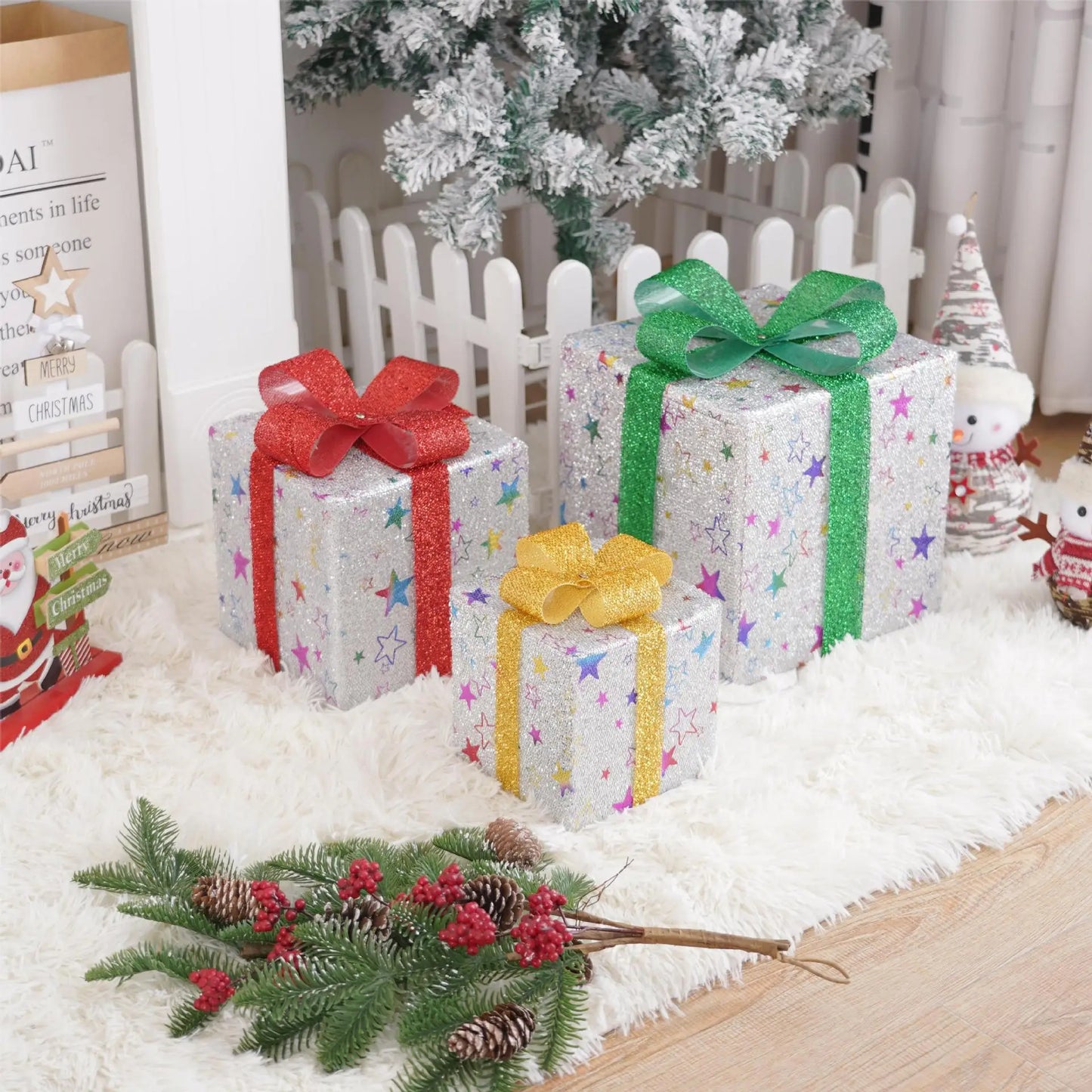 3Pcs/Set LED Christmas Gift Box Light Battery Powered Festive Decor Gift Case Home Outdoor Christmas Xmas Tree Wedding Ornament