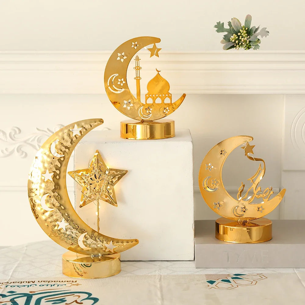 EID Ramadan Metal Gold Candle Holder Tray With Lights Eid Mubarak Muslim Islam Festival Aromatherapy Stove for Home Ornament