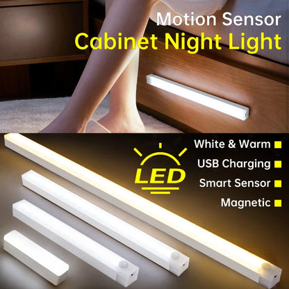 Motion Sensor Night Light USB Rechargeable LED Lamp Wireless 100mm/200mm/300mm/500mm White Warm Lamp Wardrobe Magnet Lamp Bulbs