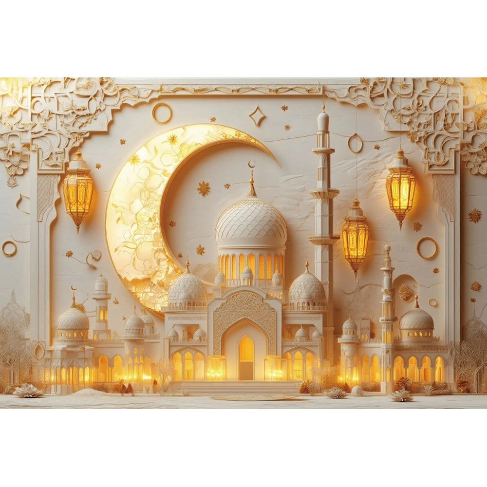 Eid Mubarak Backdrop Islamic Mosque Ramadan Aladdin Moroccan Golden Moon Lantern 2025Muslim Kareem Al Fitr Festival Photo Banner