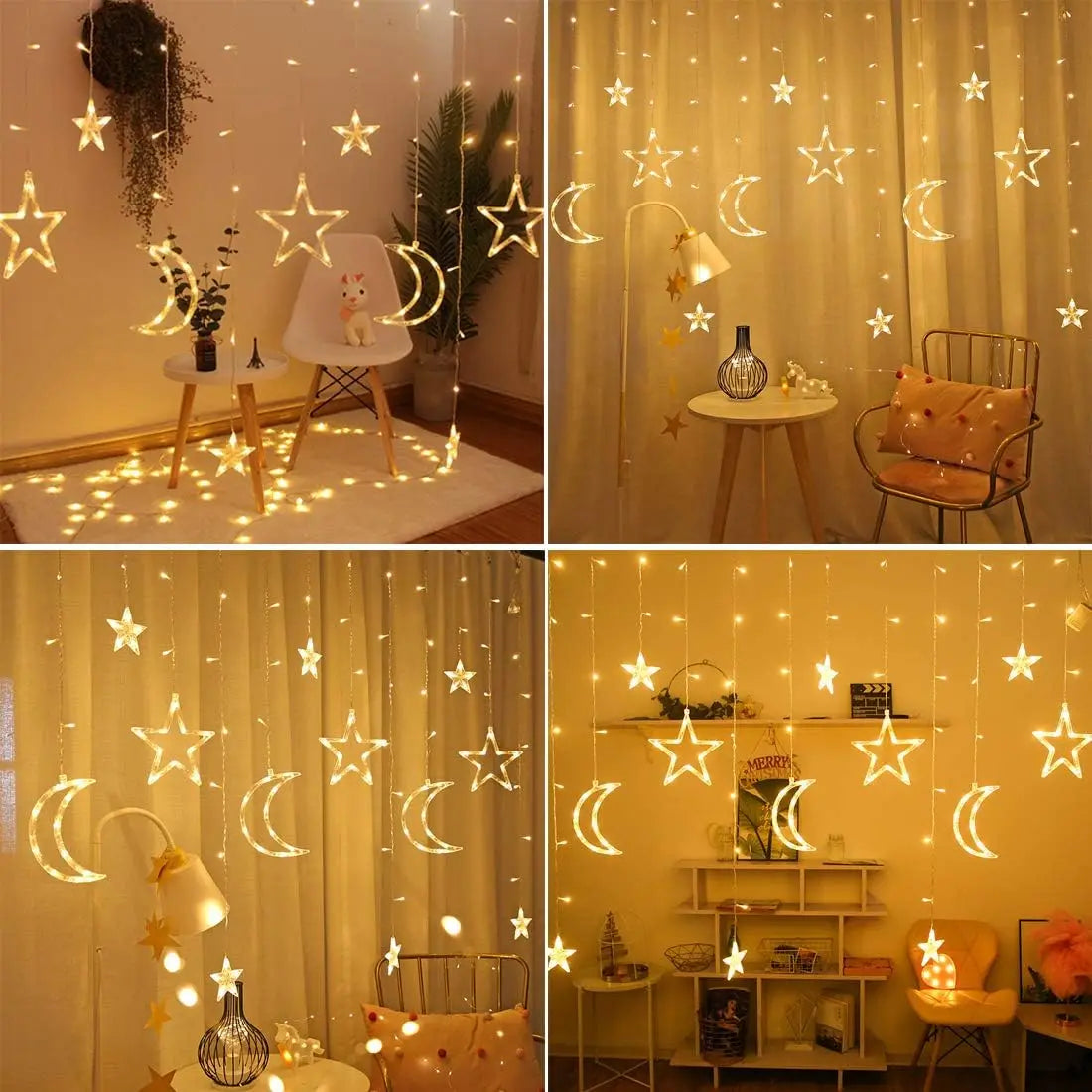 Solar Battery Star Moon String Light LED Curtain Light 8 Modes Christmas Garland Fairy Lamp for Wedding Party Xmas NewYear Decor