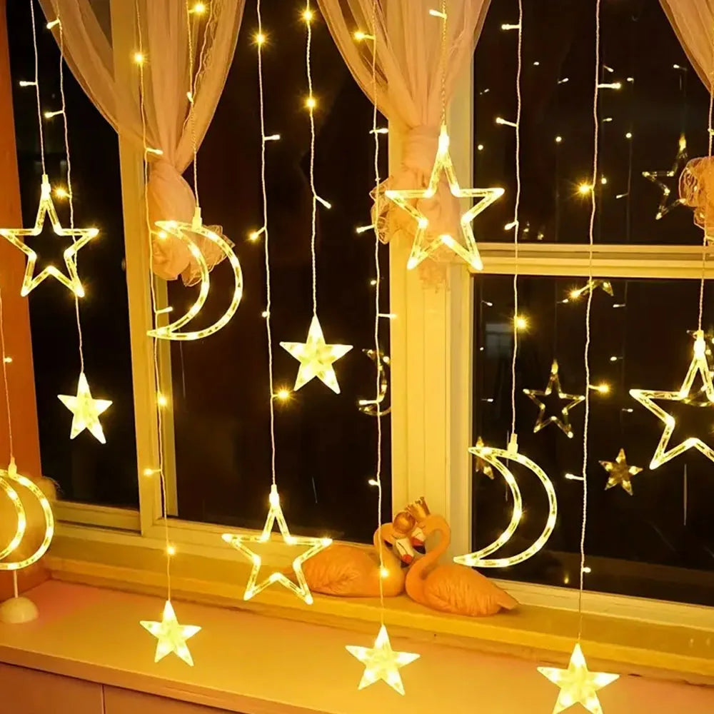 Solar Battery Star Moon String Light LED Curtain Light 8 Modes Christmas Garland Fairy Lamp for Wedding Party Xmas NewYear Decor