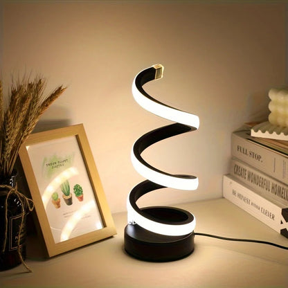 Modern LED table light with USB - adjustable brightness, warm white light, spiral design, suitable for bedroom, living room, off