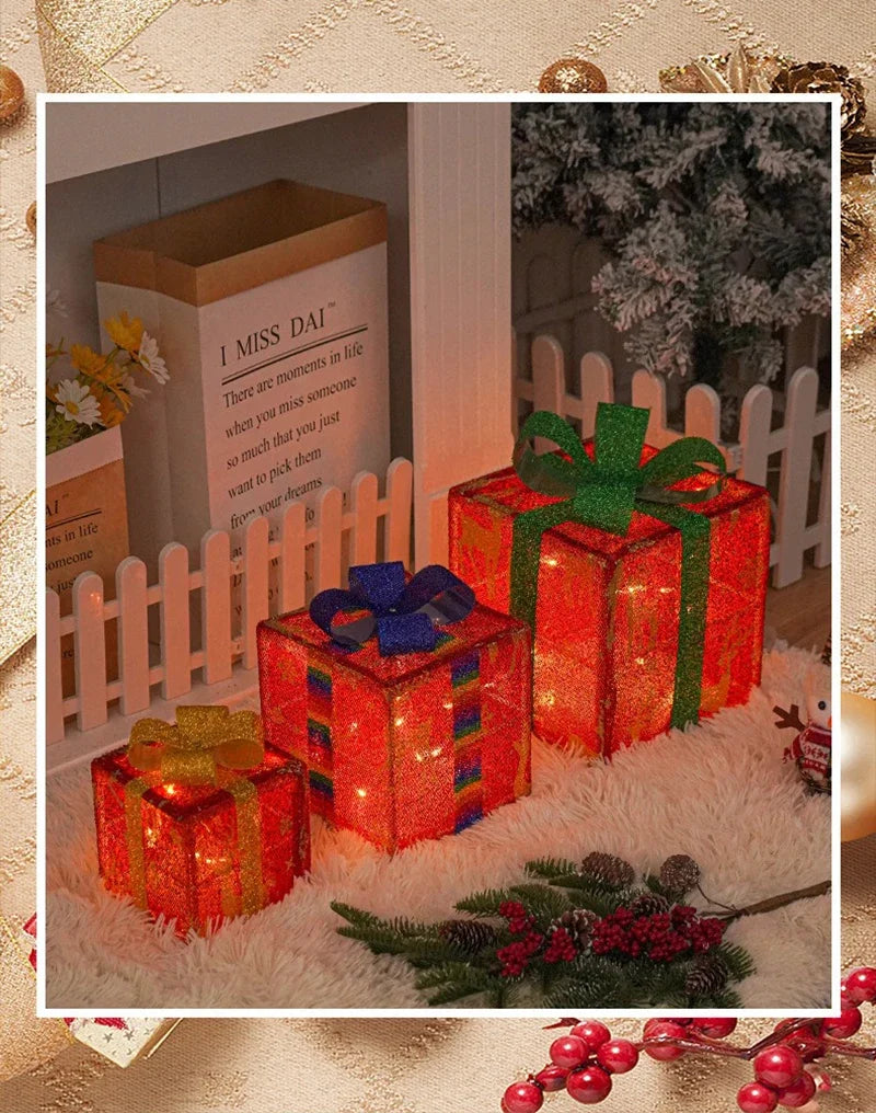 3Pcs/Set LED Christmas Gift Box Light Battery Powered Festive Decor Gift Case Home Outdoor Christmas Xmas Tree Wedding Ornament