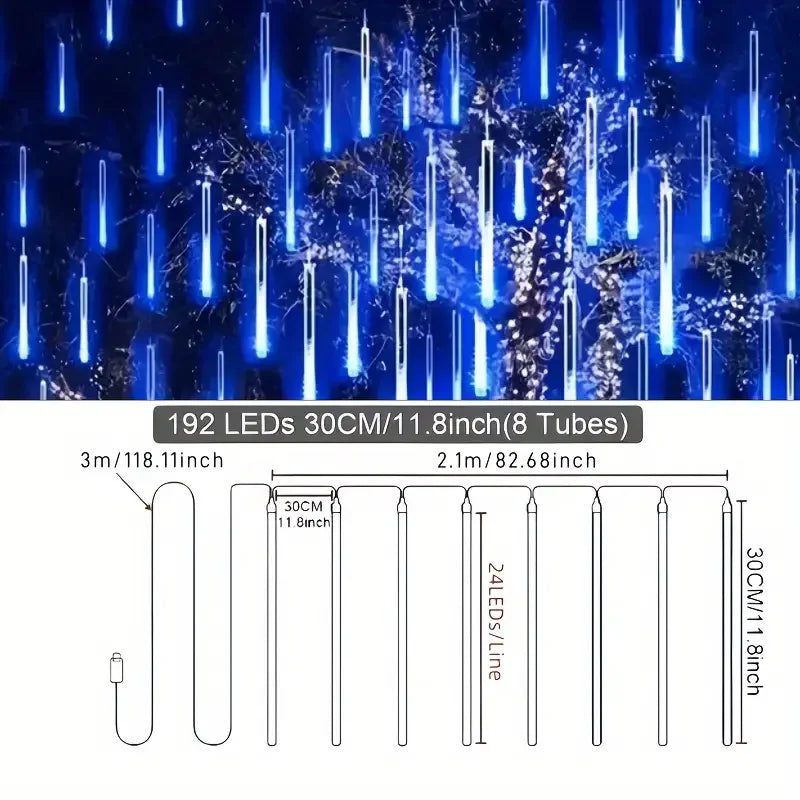 Christmas Lights Outdoor Icicle Lights Snowfall Meteor Shower Rain Light Christmas Decoration Falling Drop String Light 8 Tubes