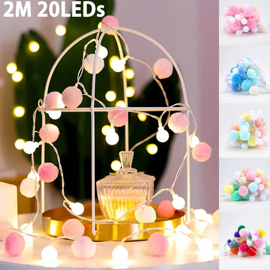 20LED Christmas Fairy Pompoms Balls String Lights Battery Powered Colorful Globe Garland Lights Garden Wedding Party Decoration