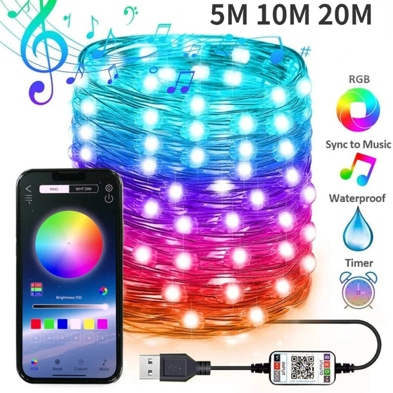 LED Fairy String Light APP Bluetooth Control USB Smart Garland Lamp Festoon Led Outdoor Indoor Bedroom Party RGB Christmas Light