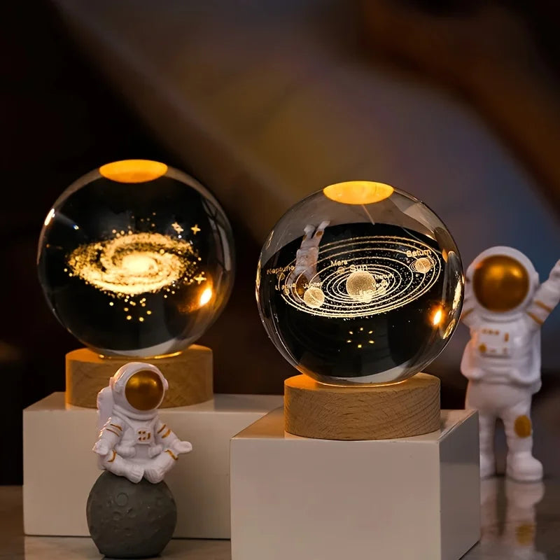 USB 3D Crystal Ball LED Night Light Laser Engraved SolarSystem Globe Astronomy Birthday Gift for Bedroom Home Desktop Decor Lamp