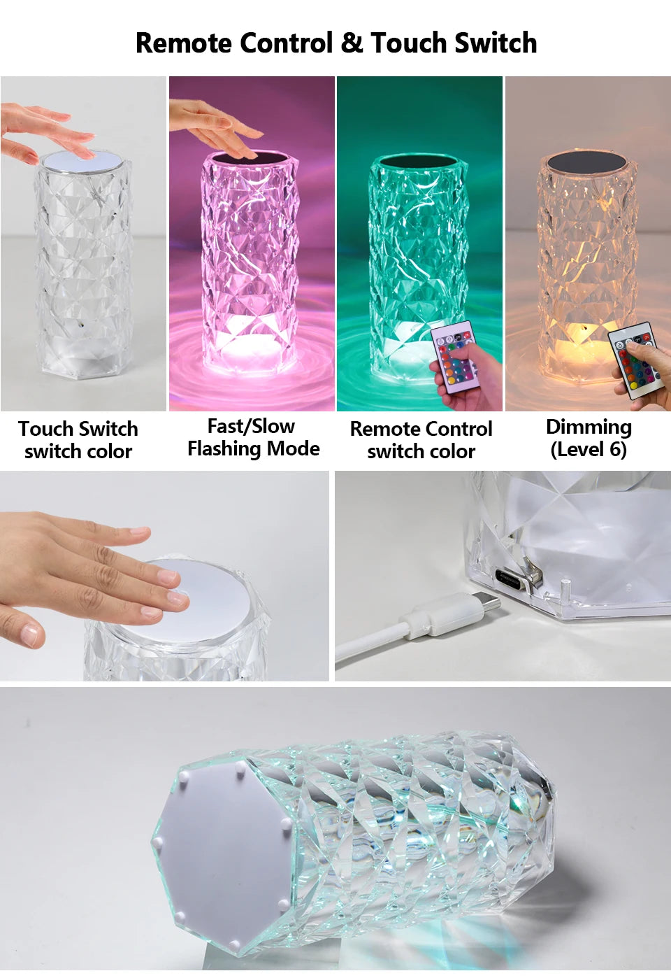 16 Colors Touch Remote Diamond Rose LED Crystal Lamps